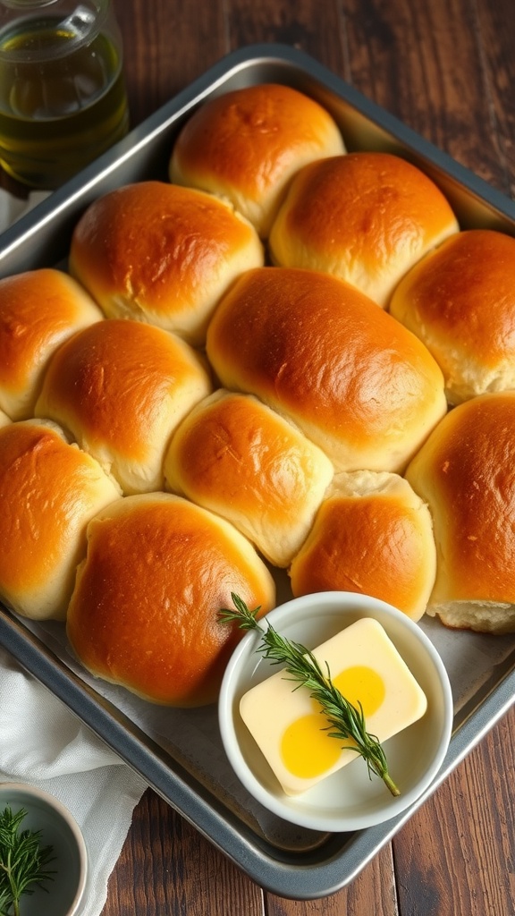Fluffy Homemade Dinner Rolls Recipe Golden brown dinner rolls brushed with butter on a wooden table beside herb-infused butter.